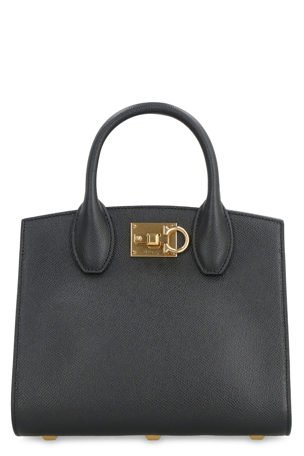 FERRAGAMO Classic Black Mini Leather Handbag with Gold-Tone Hardware and Removable Strap - 22x18 cm
