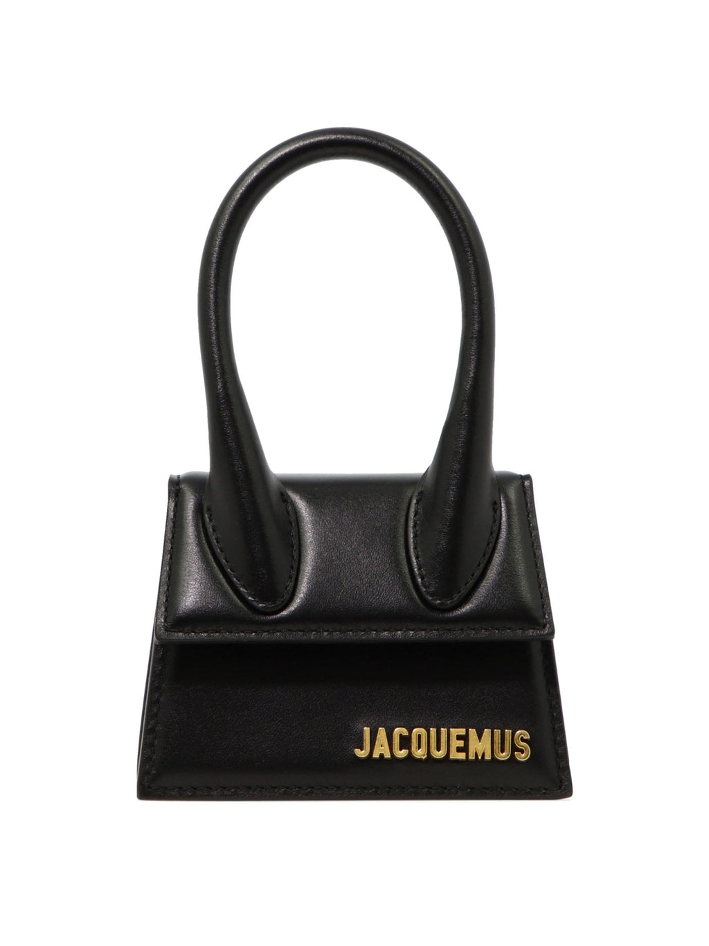 JACQUEMUS Black Leather Mini Handbag with Oversized Handle and Magnetic Flap Closure