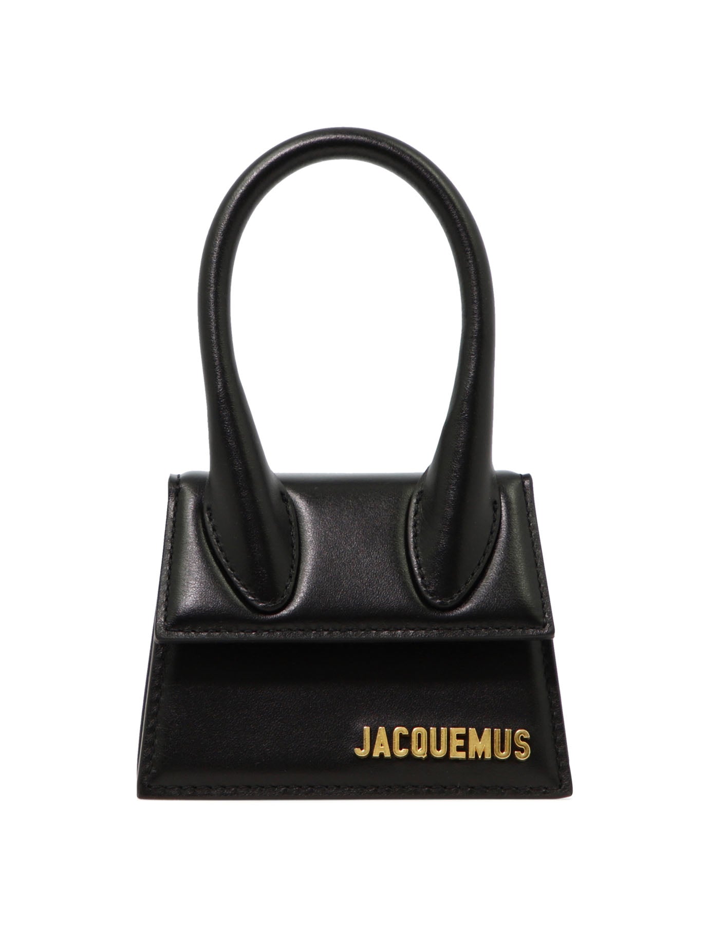 JACQUEMUS Black Leather Mini Handbag with Oversized Handle and Magnetic Flap Closure