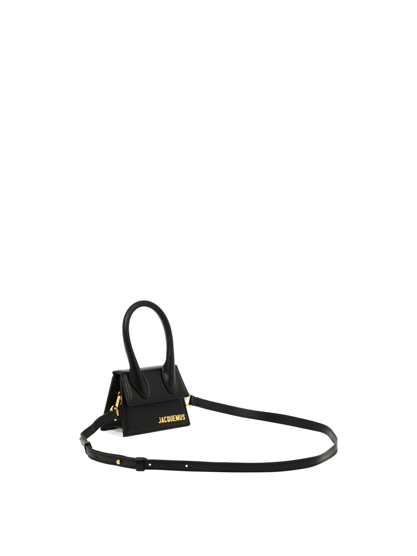 JACQUEMUS Black Leather Mini Handbag with Oversized Handle and Magnetic Flap Closure