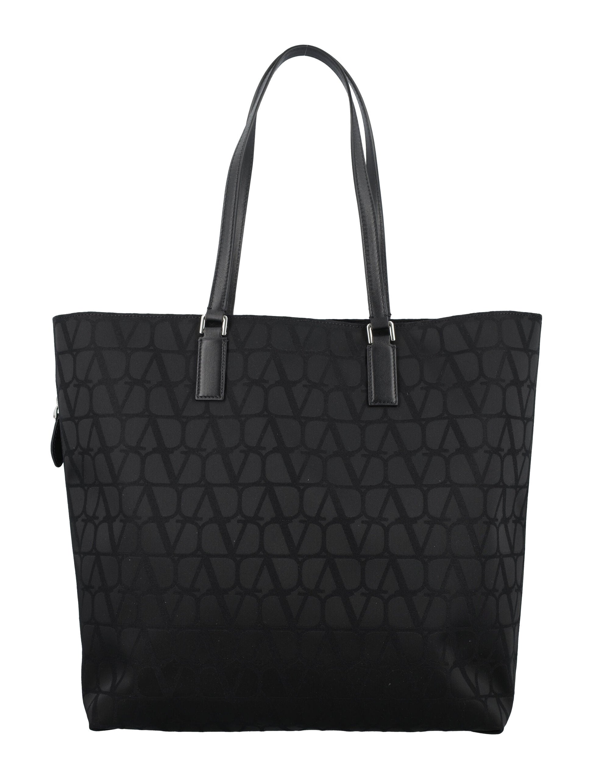 VALENTINO GARAVANI Black Technical Fabric and Leather Shopping Handbag for Men