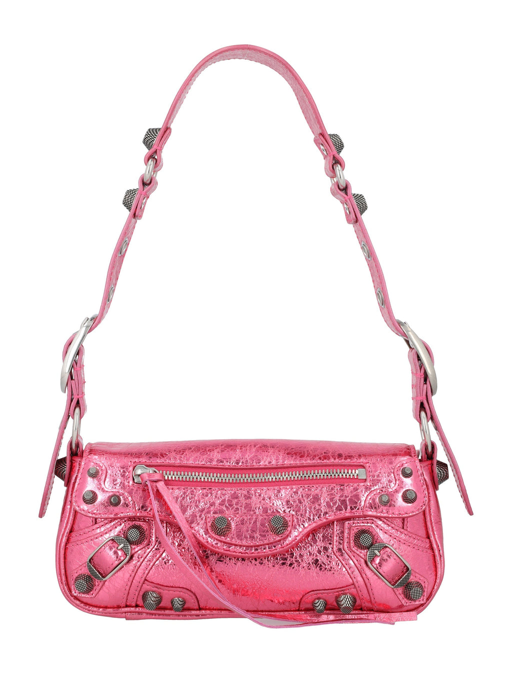 BALENCIAGA Metallic Pink Mini Lamb Leather Sling Handbag with Studded Closure and Adjustable Strap