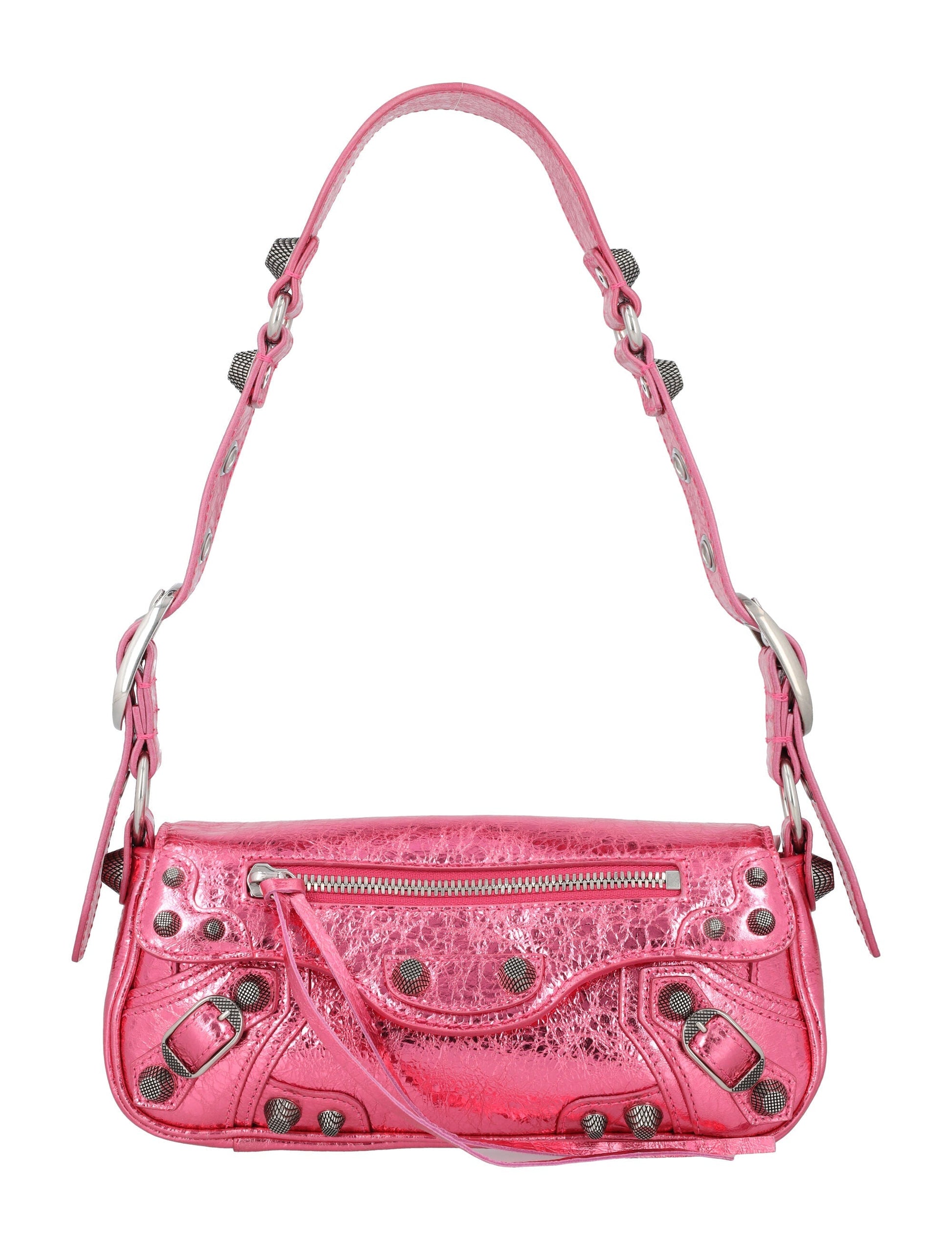 BALENCIAGA Metallic Pink Mini Lamb Leather Sling Handbag with Studded Closure and Adjustable Strap