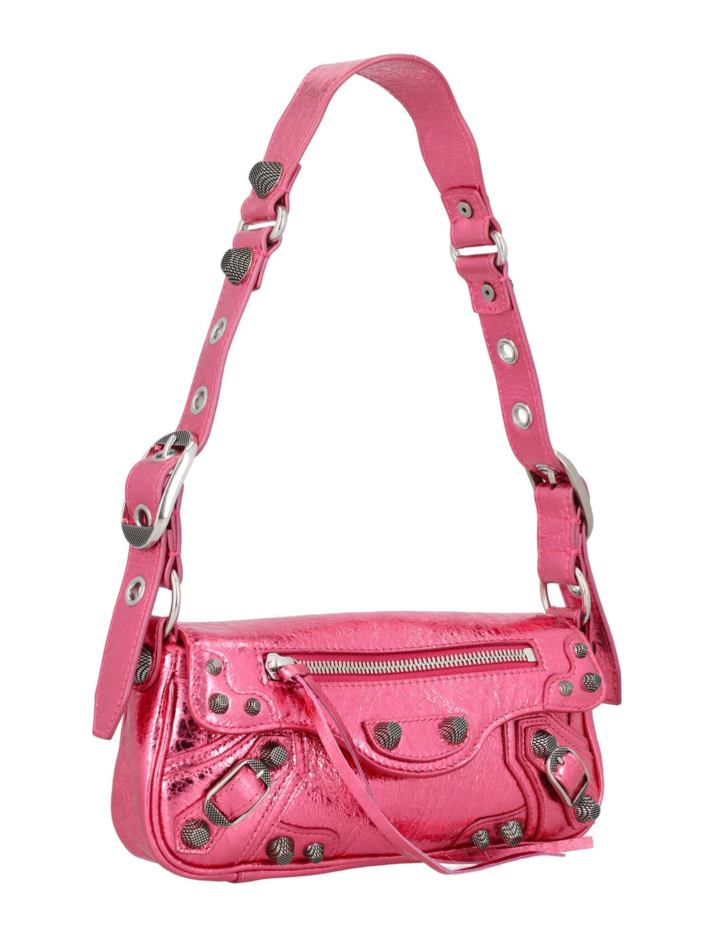 BALENCIAGA Metallic Pink Mini Lamb Leather Sling Handbag with Studded Closure and Adjustable Strap