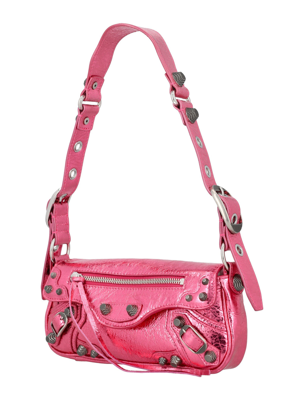 BALENCIAGA Metallic Pink Mini Lamb Leather Sling Handbag with Studded Closure and Adjustable Strap
