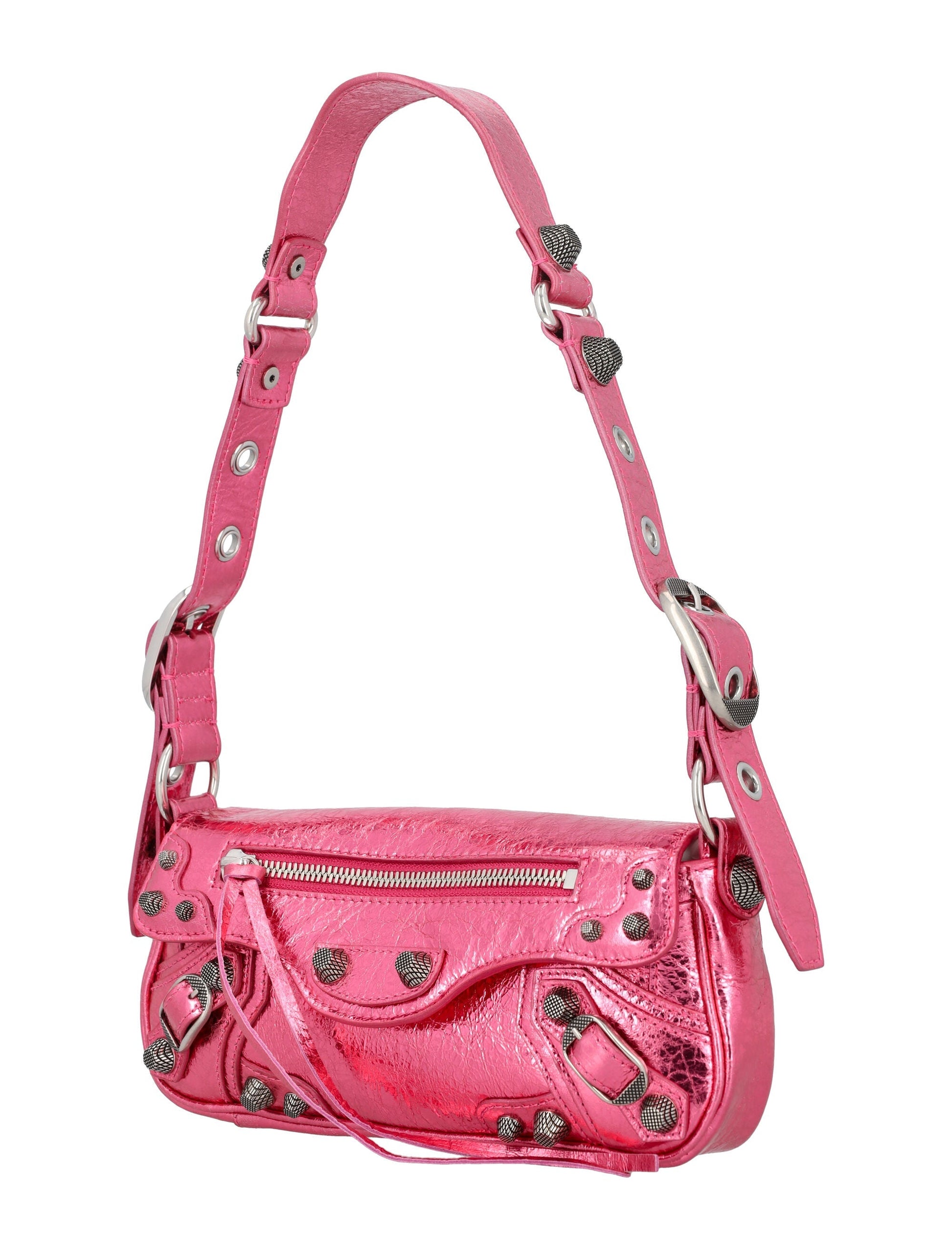 BALENCIAGA Metallic Pink Mini Lamb Leather Sling Handbag with Studded Closure and Adjustable Strap
