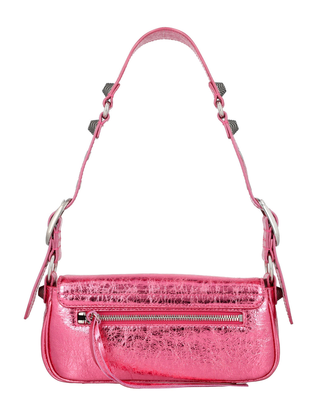 BALENCIAGA Metallic Pink Mini Lamb Leather Sling Handbag with Studded Closure and Adjustable Strap