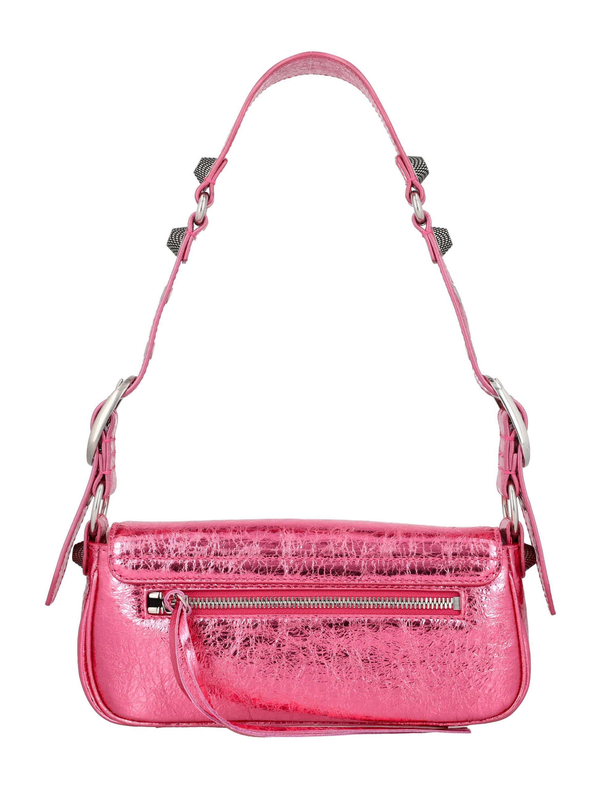 BALENCIAGA Metallic Pink Mini Lamb Leather Sling Handbag with Studded Closure and Adjustable Strap