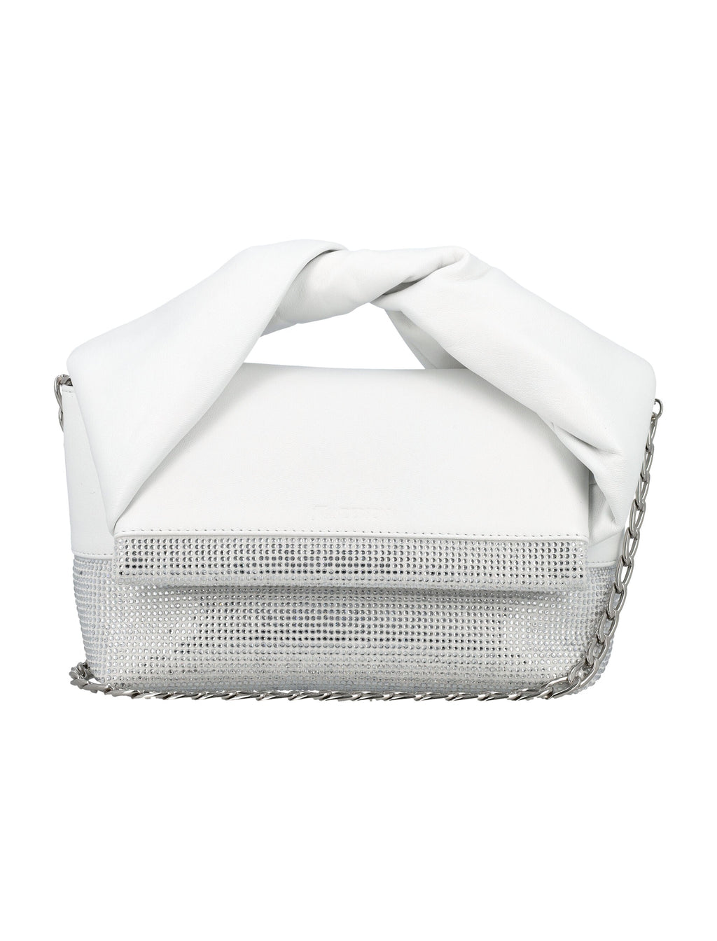 JW ANDERSON White Leather Medium Twister Handbag with Crystal Accents and Silver Chain Strap