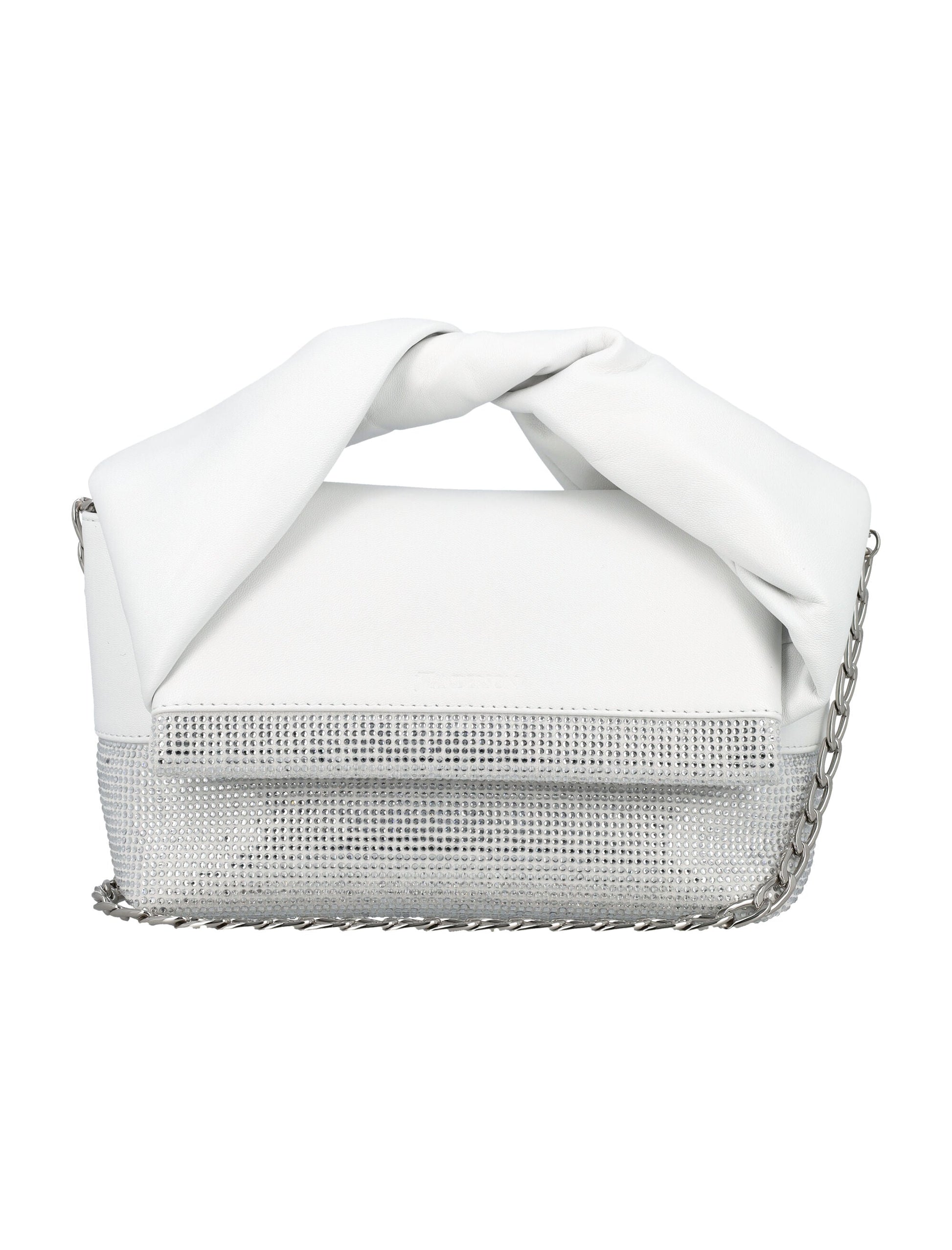JW ANDERSON White Leather Medium Twister Handbag with Crystal Accents and Silver Chain Strap