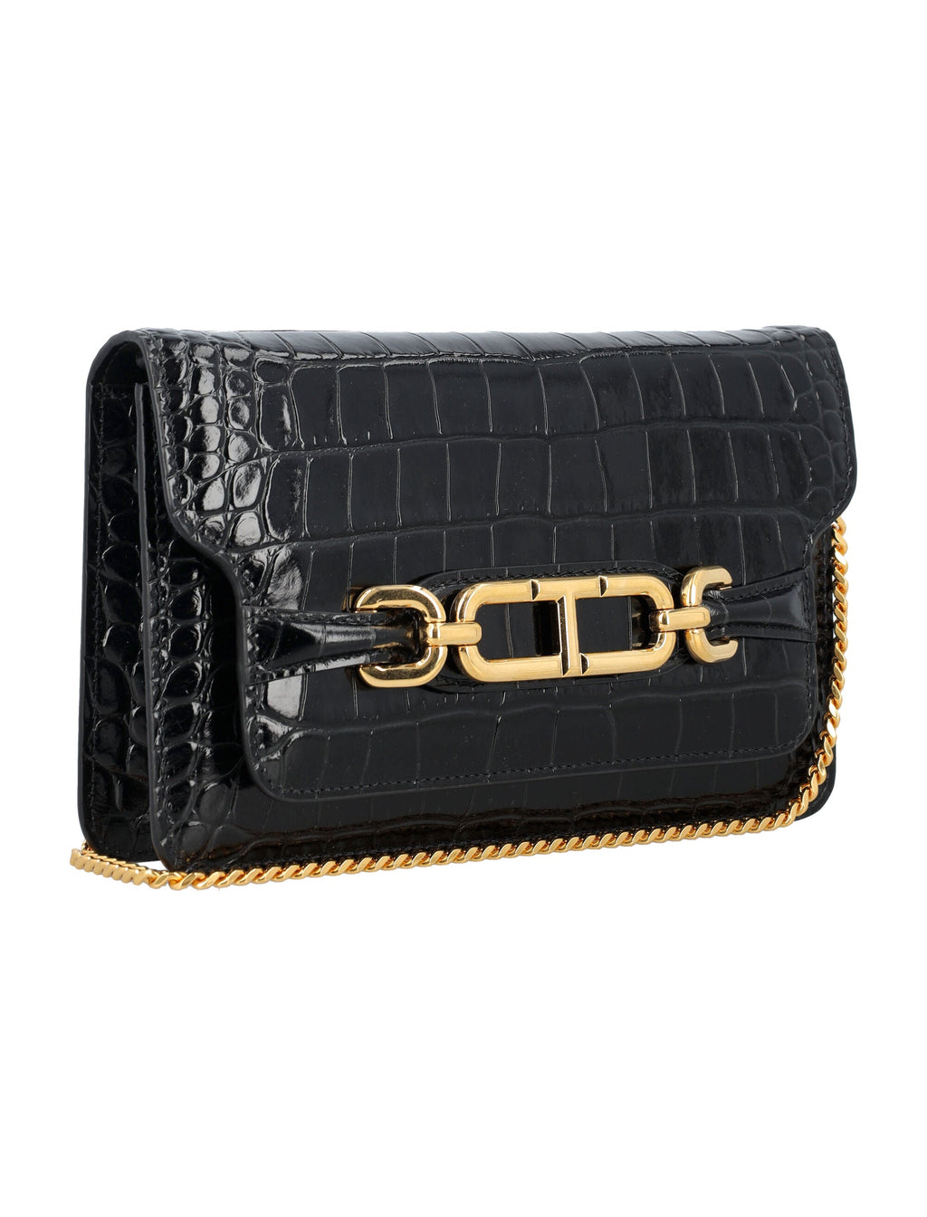 TOM FORD Whitney Mini Black Crocodile Embossed Leather Shoulder Bag with Chain Strap