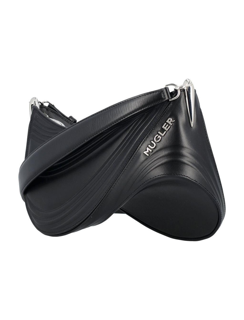 MUGLER Women's Black Leather Embossed Spiral Curve Shoulder Handbag, Medium - SS24