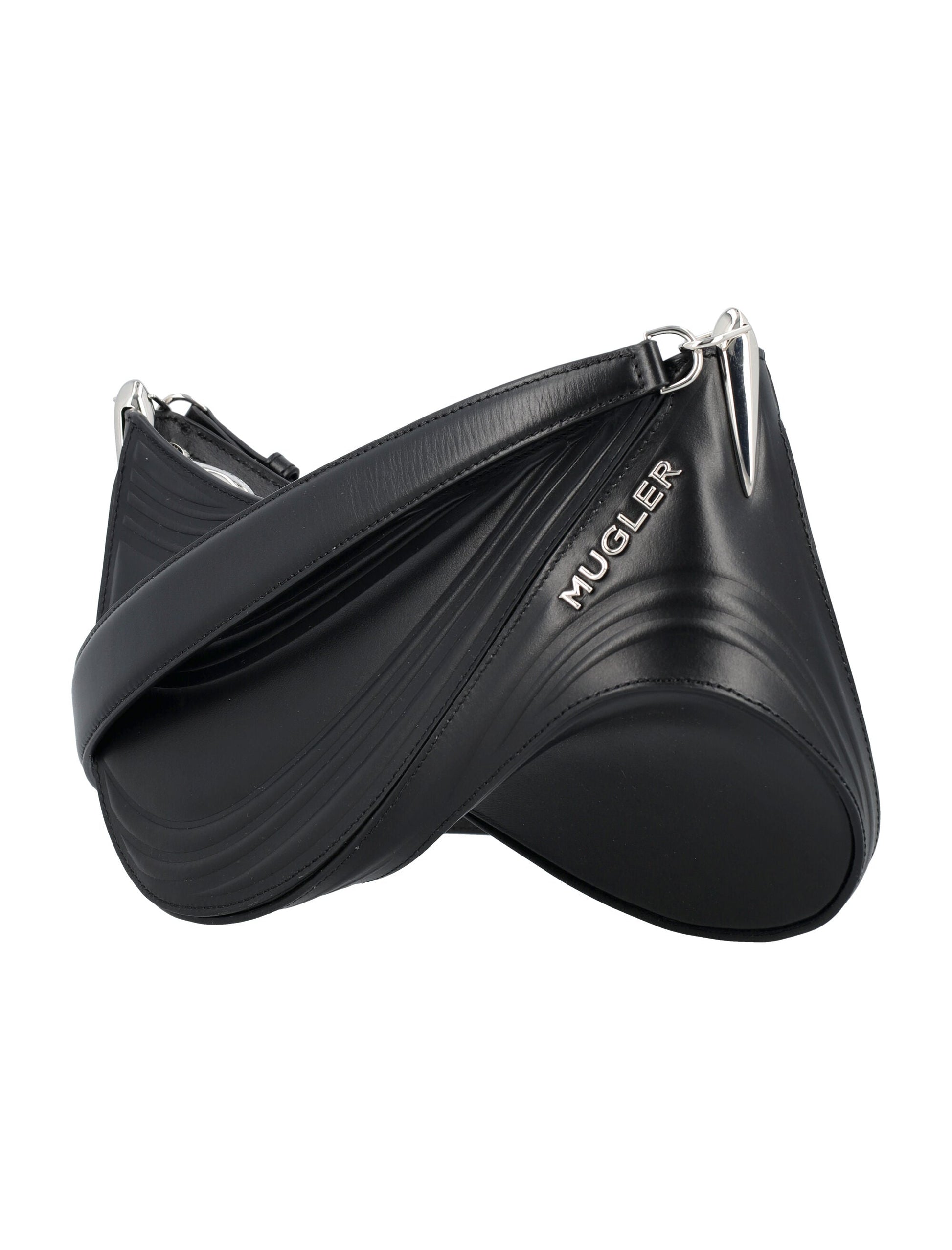 MUGLER Women's Black Leather Embossed Spiral Curve Shoulder Handbag, Medium - SS24