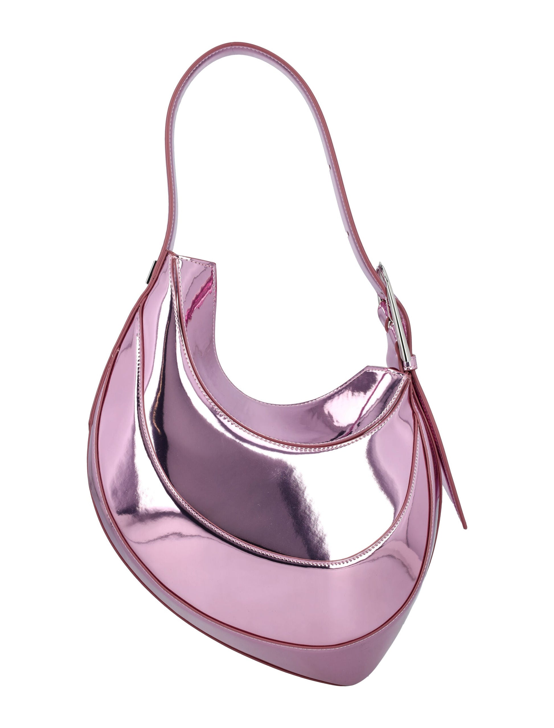 MUGLER Metallic Pink Curve Mini Shoulder Bag with Silver Hardware, 23x25x10cm