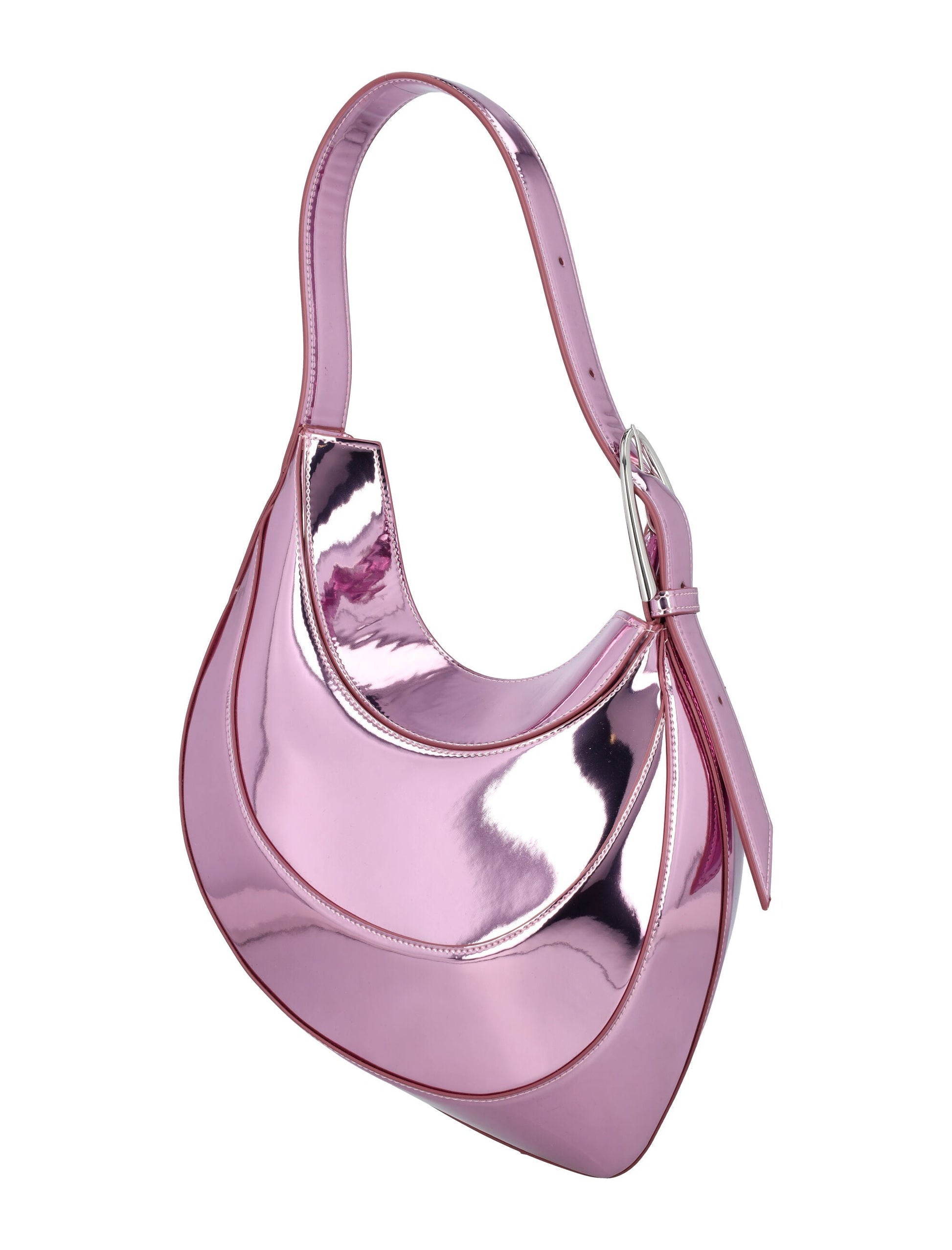 MUGLER Metallic Pink Curve Mini Shoulder Bag with Silver Hardware, 23x25x10cm