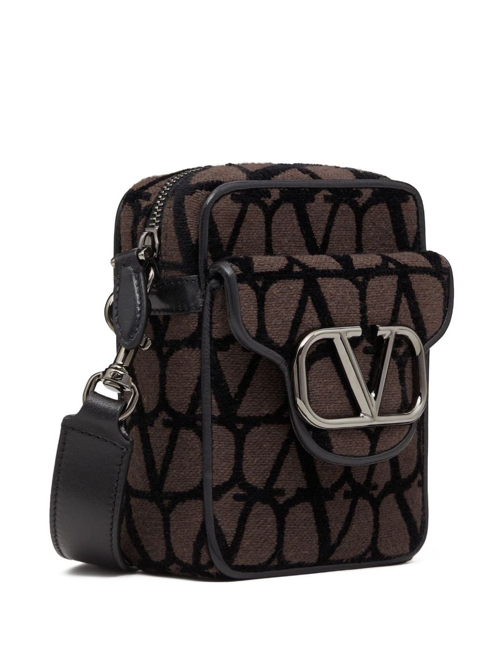 VALENTINO Men's Mini Crossbody Bag in Brown Canvas with Leather Accents and Iconographic Motif, 12x16x6 cm
