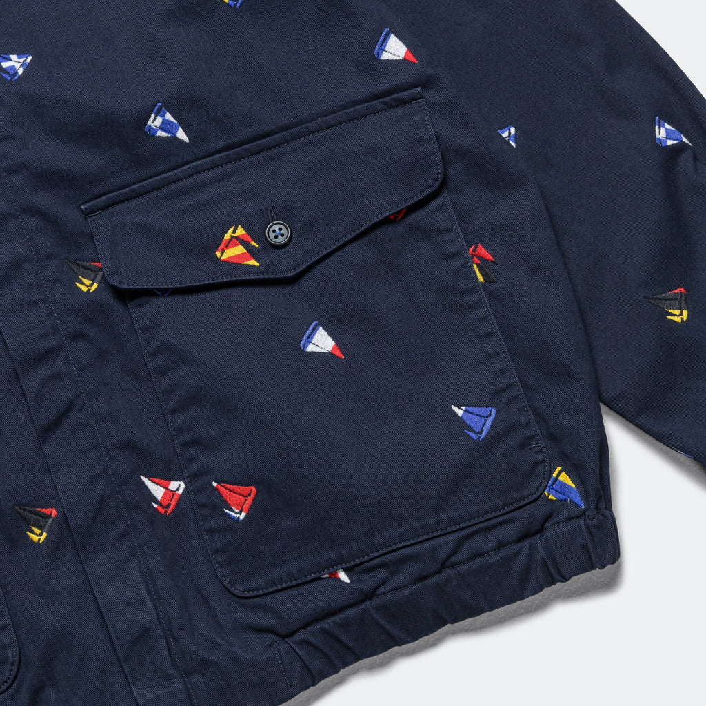 Zipper Blouson Embroidery On Print - Navy