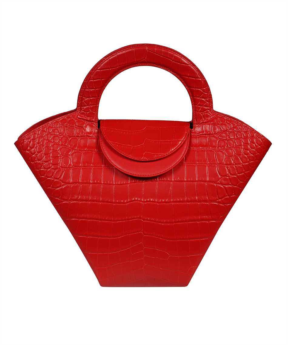 BOTTEGA VENETA Chic Red Croc-Print Leather Top-Handle Handbag with Silver-Tone Accents, Medium Size