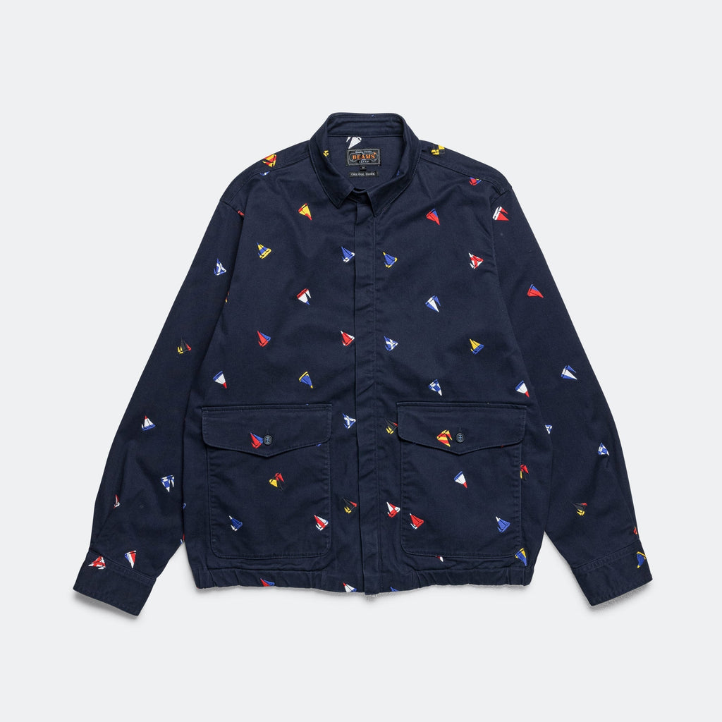 Zipper Blouson Embroidery On Print - Navy