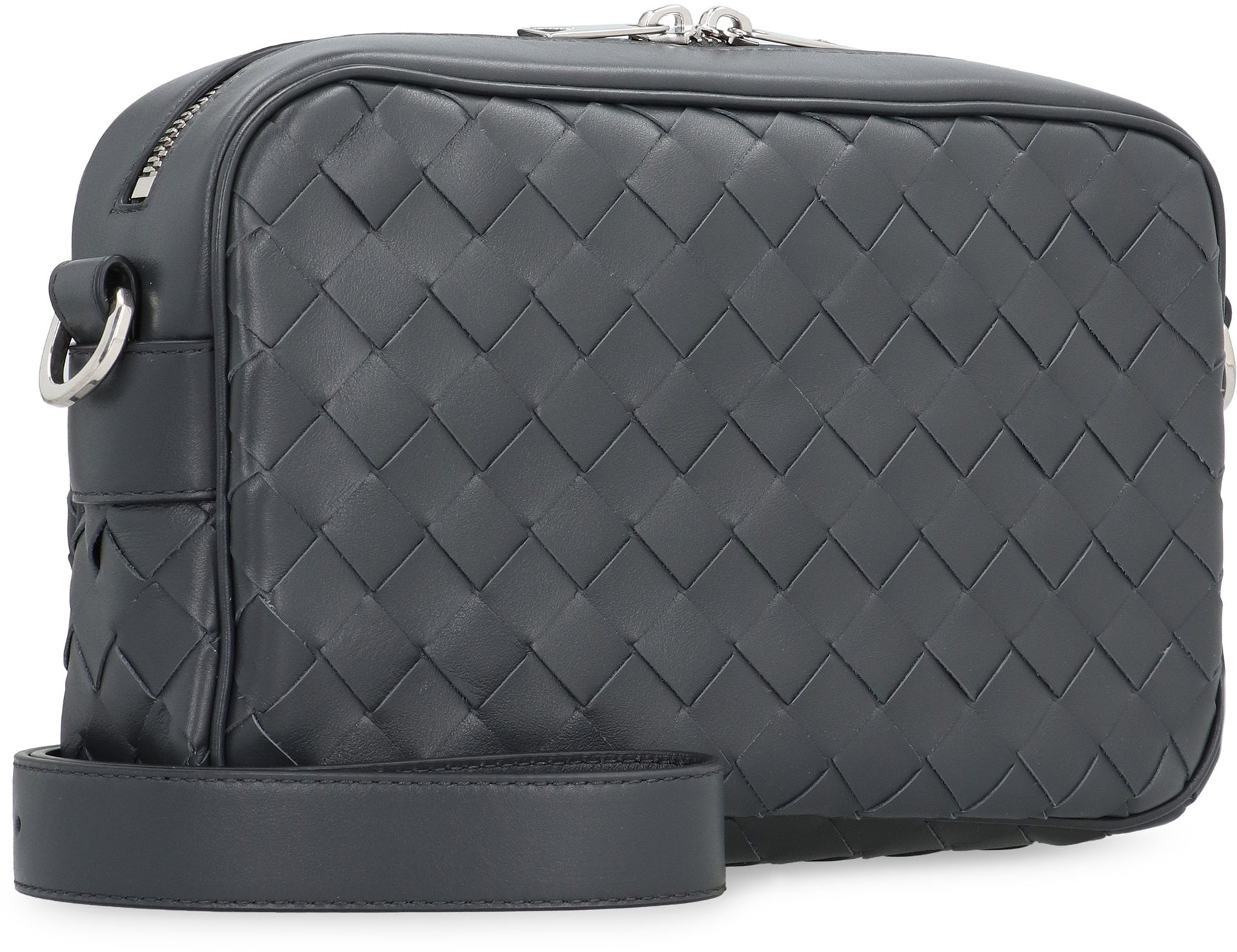 BOTTEGA VENETA Gray Intrecciato Mini Camera Bag with Adjustable Strap for Men