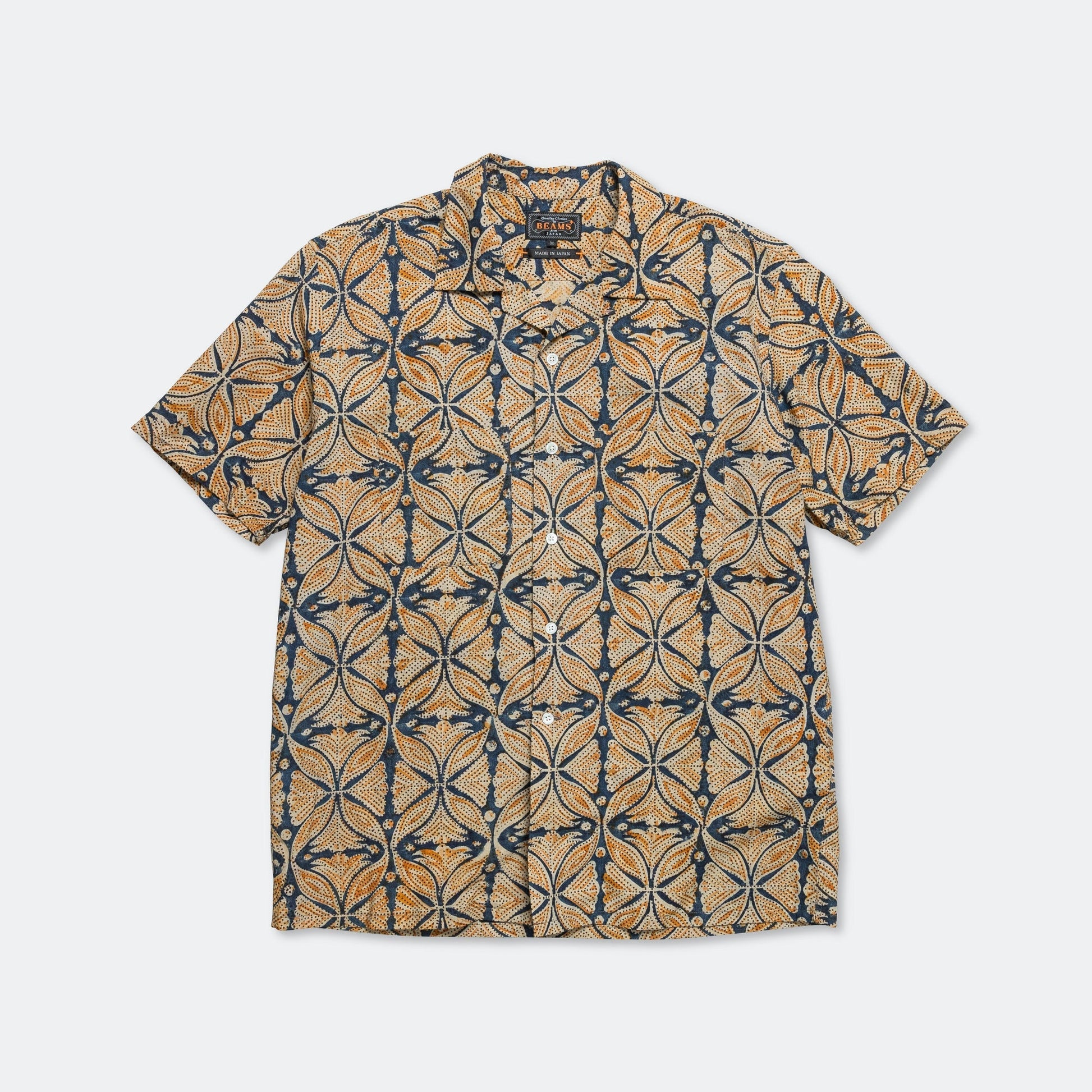 Open Collar Block Print Shirt - Blue