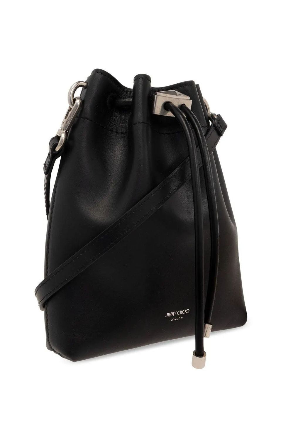JIMMY CHOO Elegant Mini Bucket Bag in Metallic Black Leather