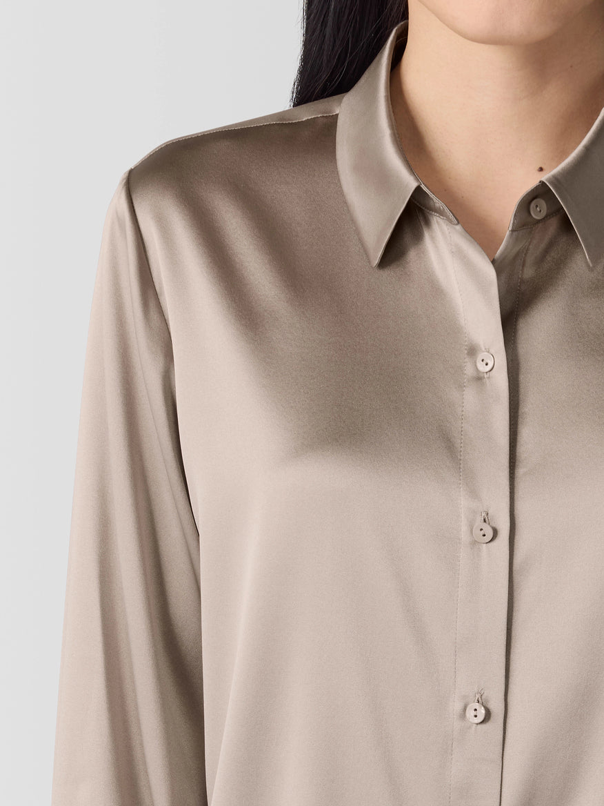 Stretch Silk Charmeuse Classic Collar Shirt - Taupe