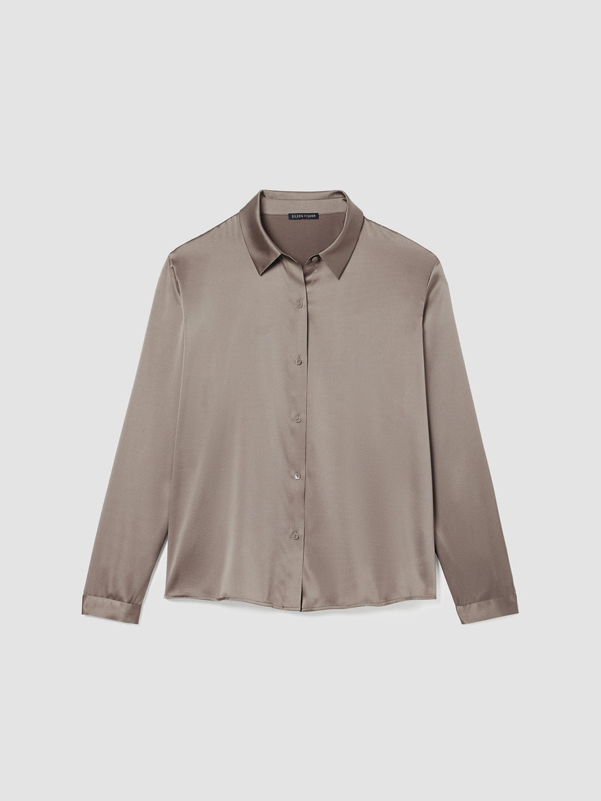 Stretch Silk Charmeuse Classic Collar Shirt - Taupe