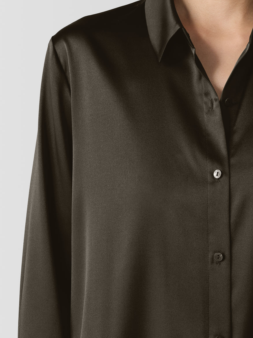 Stretch Silk Charmeuse Classic Collar Shirt - Brown