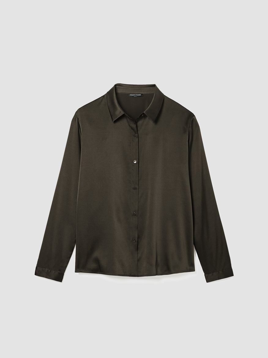 Stretch Silk Charmeuse Classic Collar Shirt - Brown