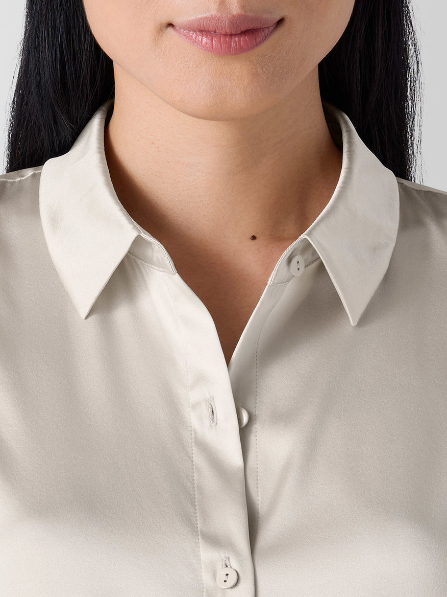 Stretch Silk Charmeuse Classic Collar Shirt - White