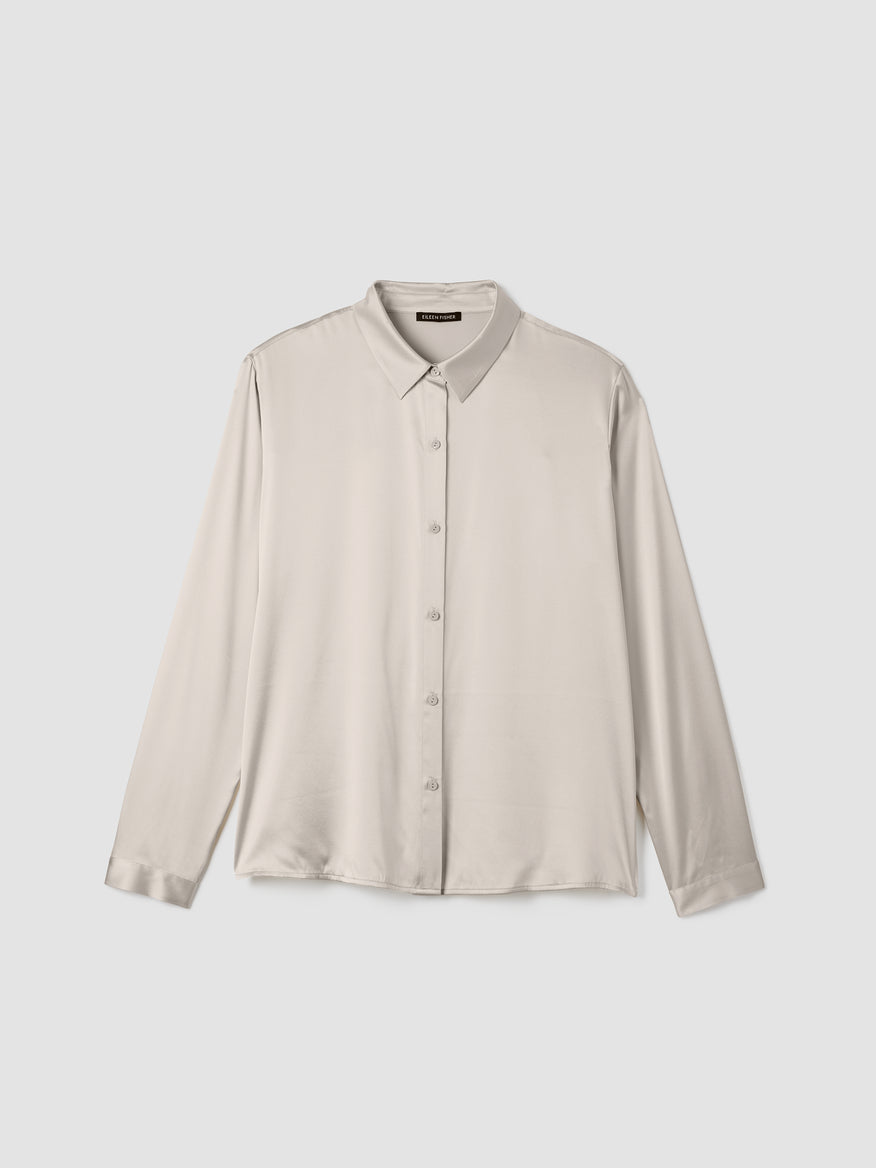 Stretch Silk Charmeuse Classic Collar Shirt - White