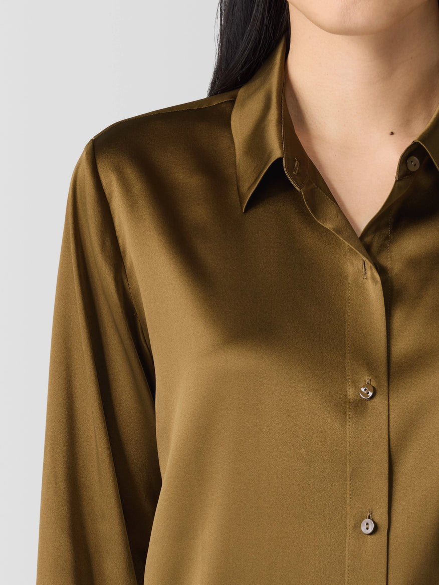 Stretch Silk Charmeuse Classic Collar Shirt - Olive