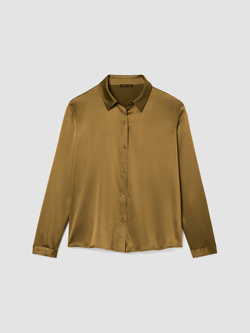 Stretch Silk Charmeuse Classic Collar Shirt - Olive