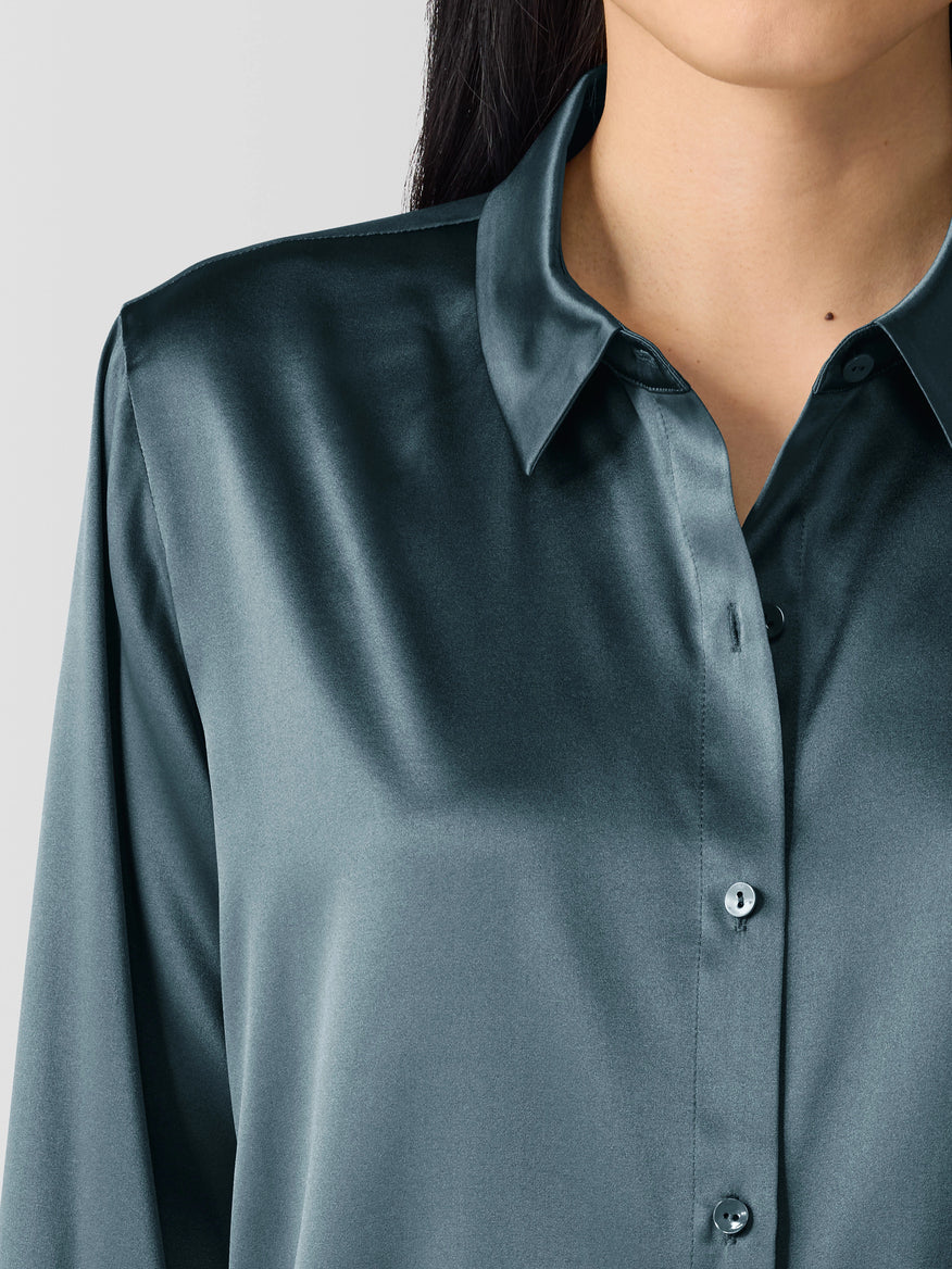 Stretch Silk Charmeuse Classic Collar Shirt - Blue