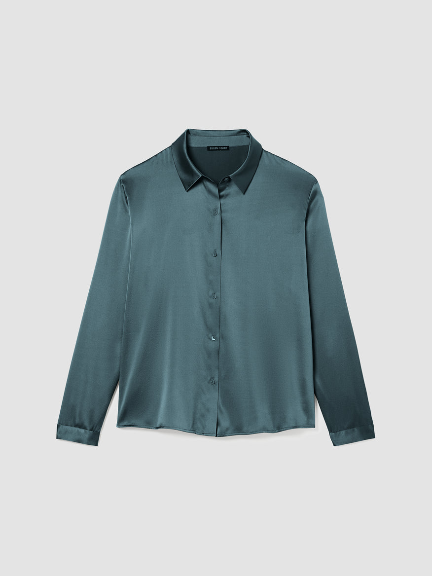 Stretch Silk Charmeuse Classic Collar Shirt - Blue
