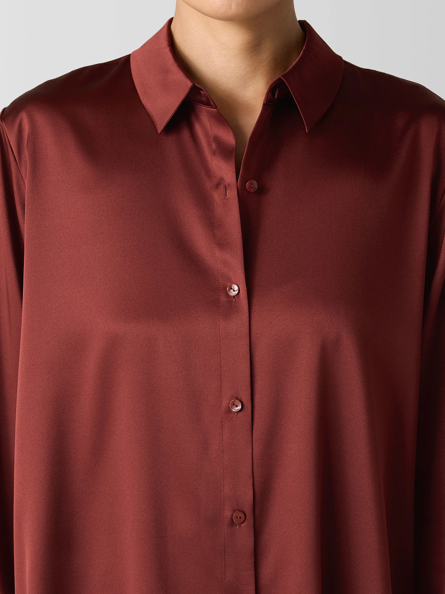 Stretch Silk Charmeuse Classic Collar Shirt - Red
