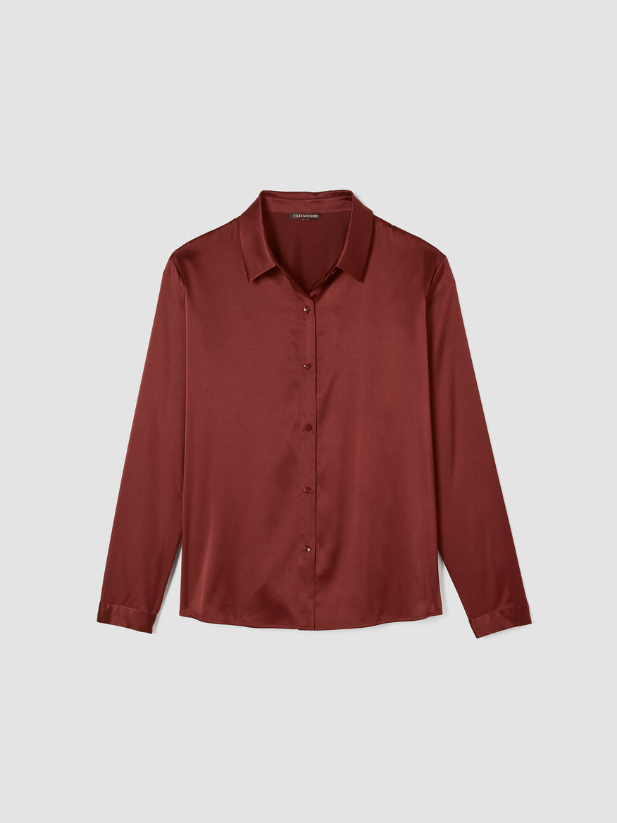 Stretch Silk Charmeuse Classic Collar Shirt - Red