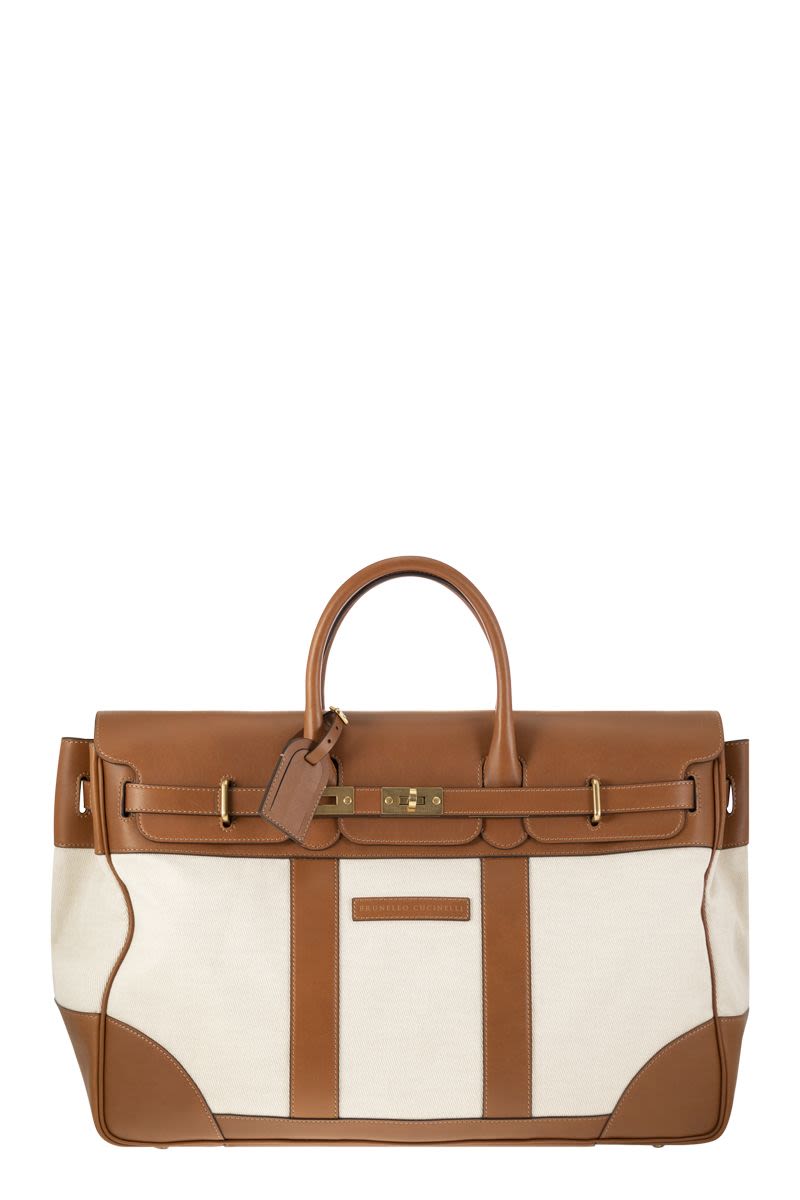 BRUNELLO CUCINELLI Elegant SS24 Milk Handbag for Travel with Leather and Fabric Textural Contrast