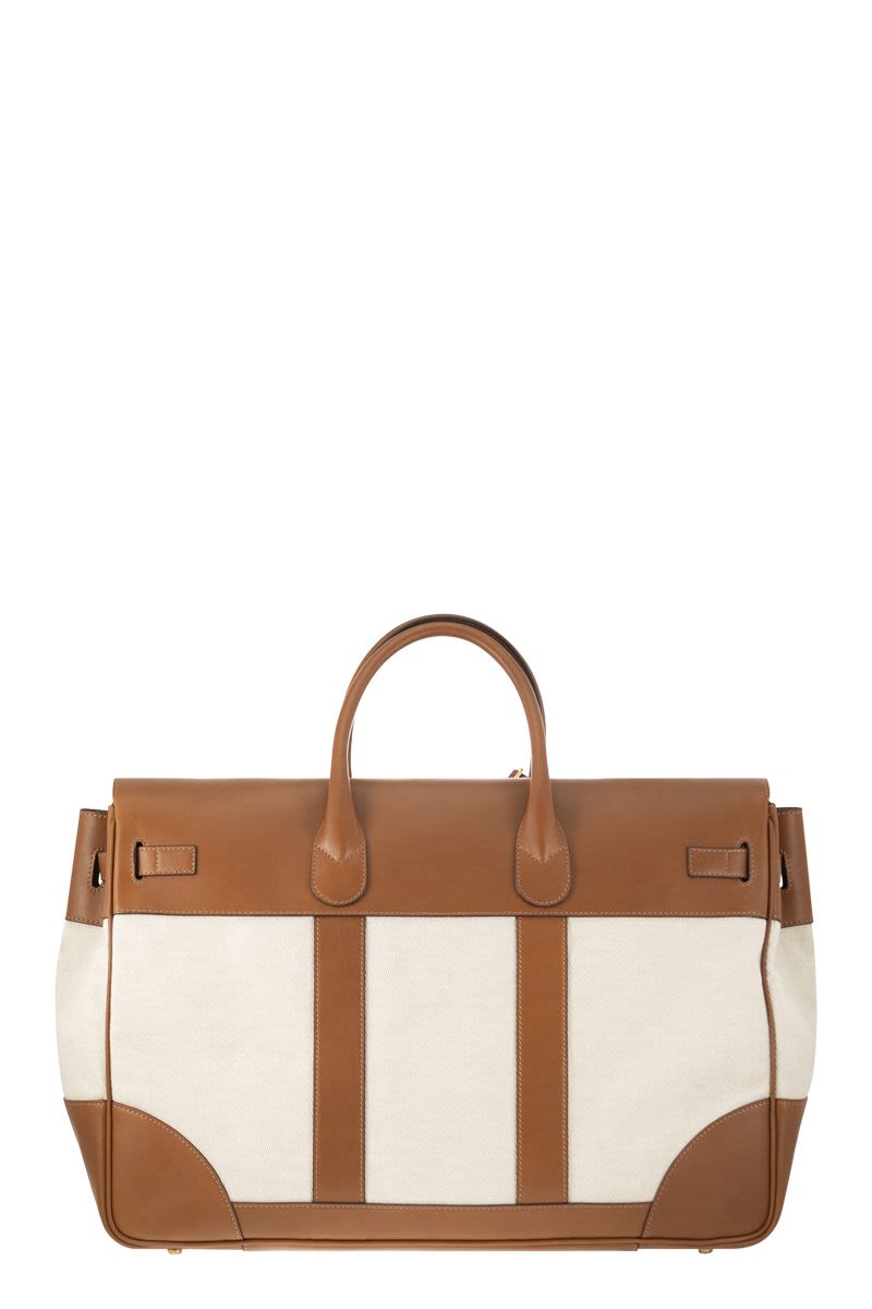 BRUNELLO CUCINELLI Elegant SS24 Milk Handbag for Travel with Leather and Fabric Textural Contrast