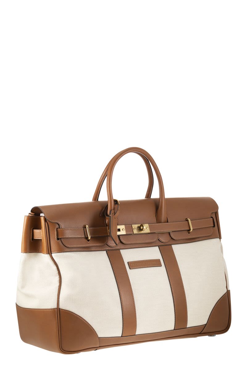 BRUNELLO CUCINELLI Elegant SS24 Milk Handbag for Travel with Leather and Fabric Textural Contrast