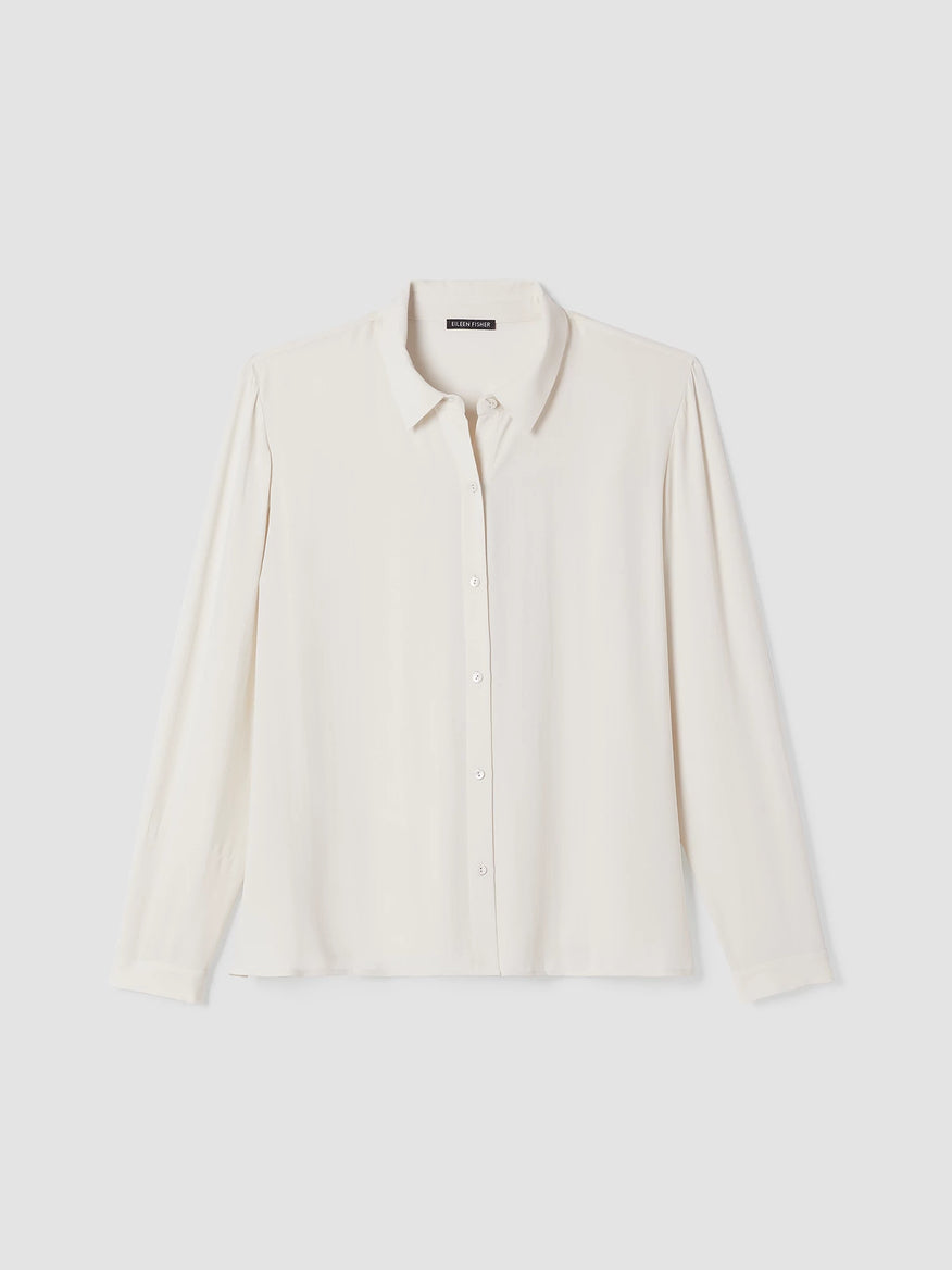 Silk Georgette Crepe Classic Collar Shirt - White