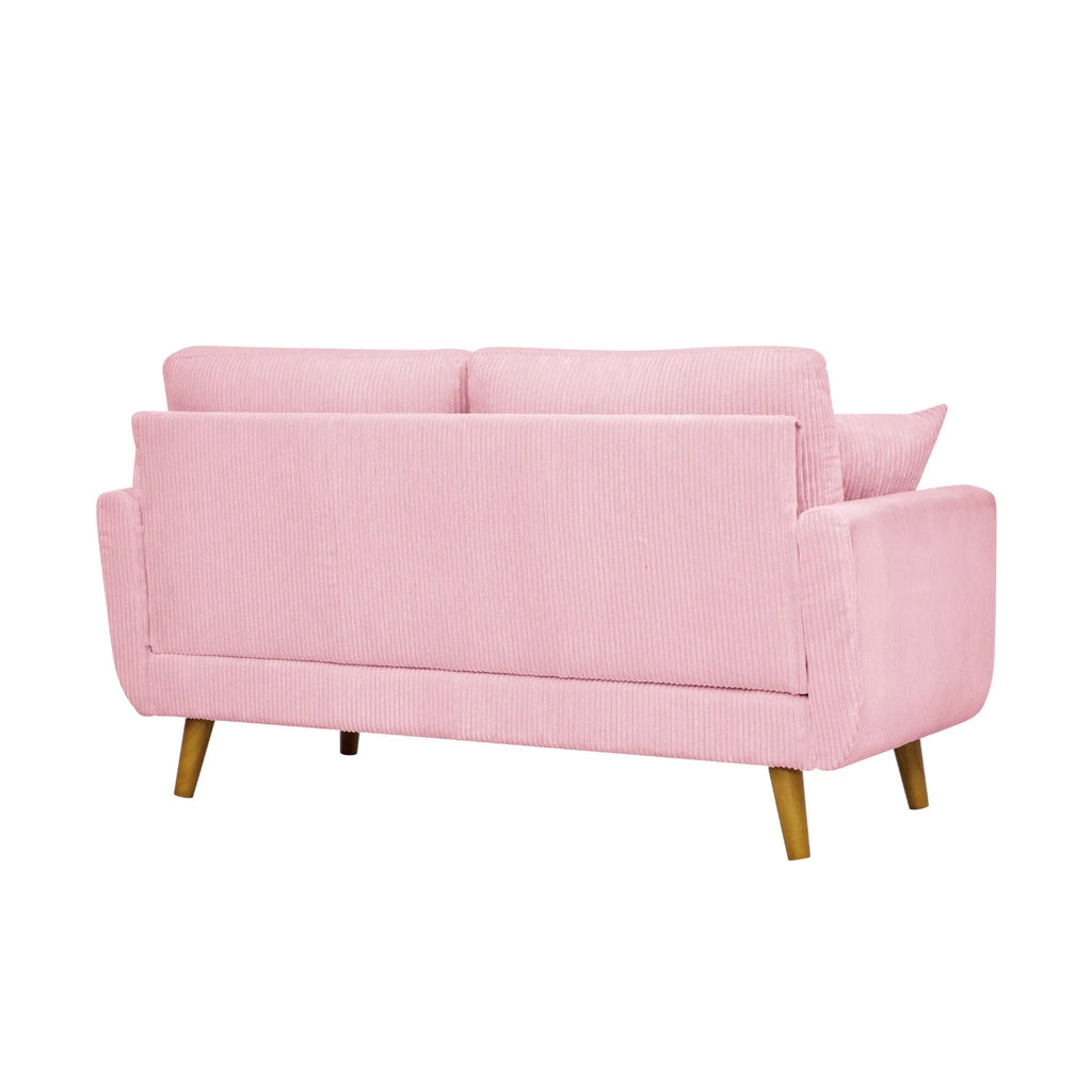 Pink Mid-Century Corduroy 2-Seater Sofa with Solid Wood Legs and Accent Pillows – 65” Asher Couch for Living Room or Apartment