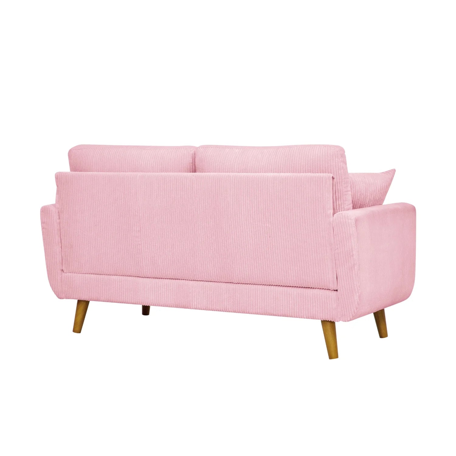 Pink Mid-Century Corduroy 2-Seater Sofa with Solid Wood Legs and Accent Pillows – 65” Asher Couch for Living Room or Apartment