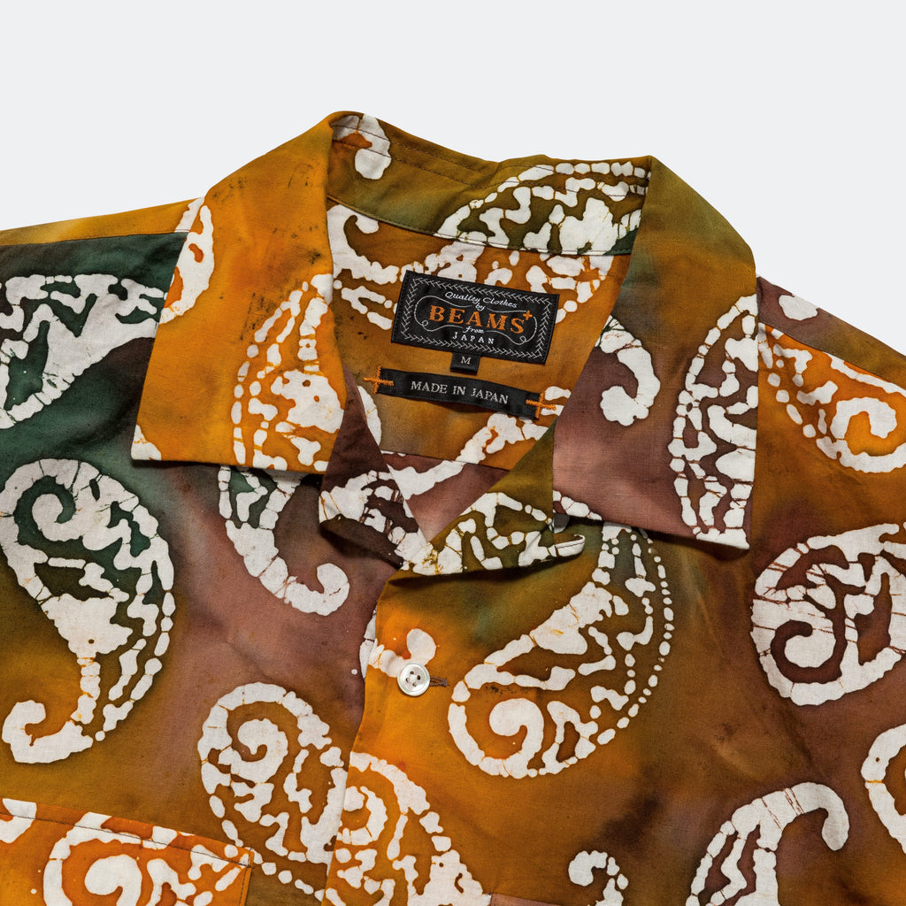 Open Collar Short Sleeve Batik Print - Brown