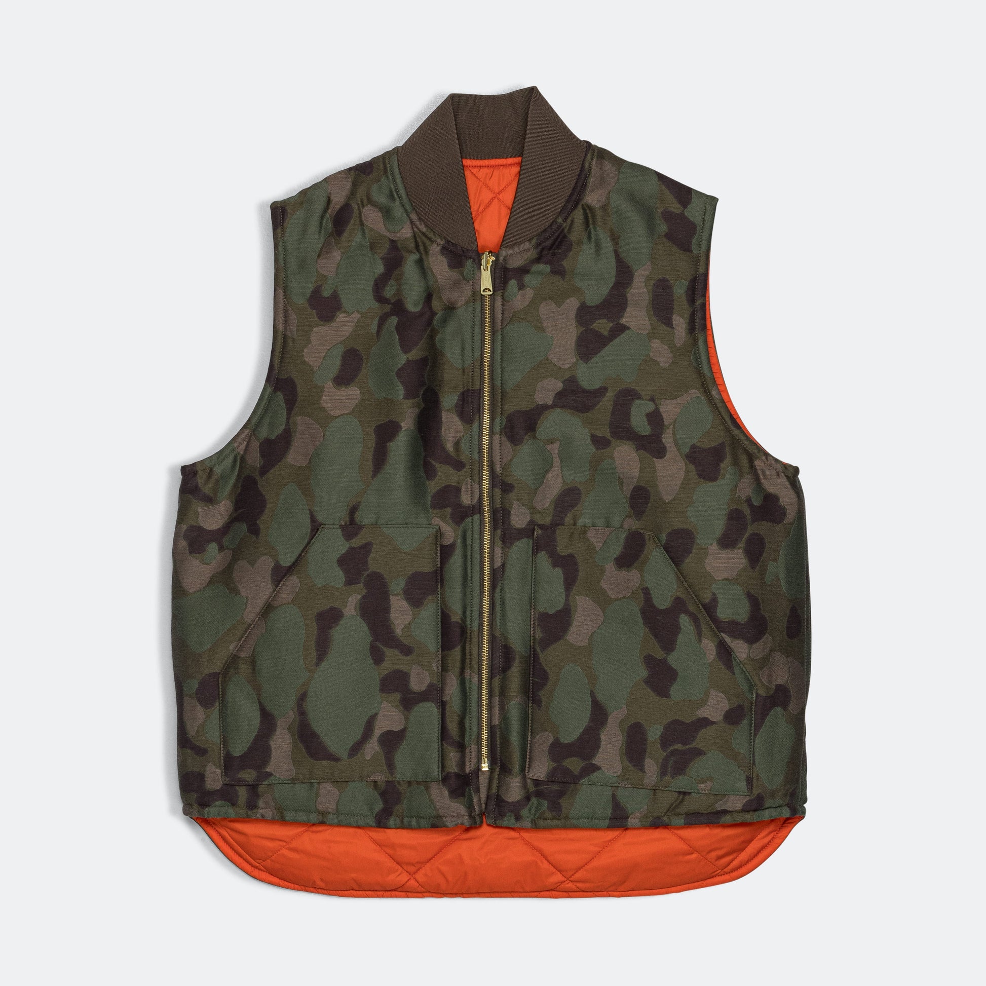 Reversible Duck Hunter Camo Puff Vest  - Olive Camo/Orange