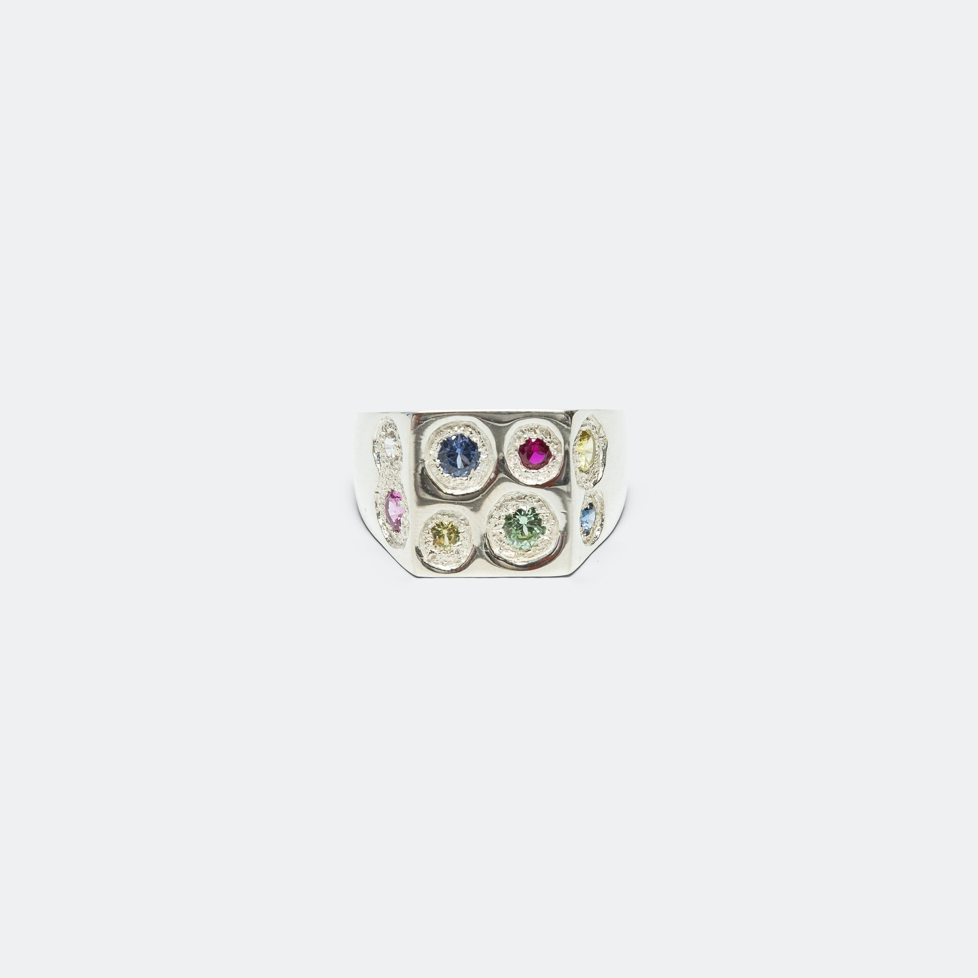 Rectangle Chloroplast Signet Ring - Rainbow Sapphires/925 Silver
