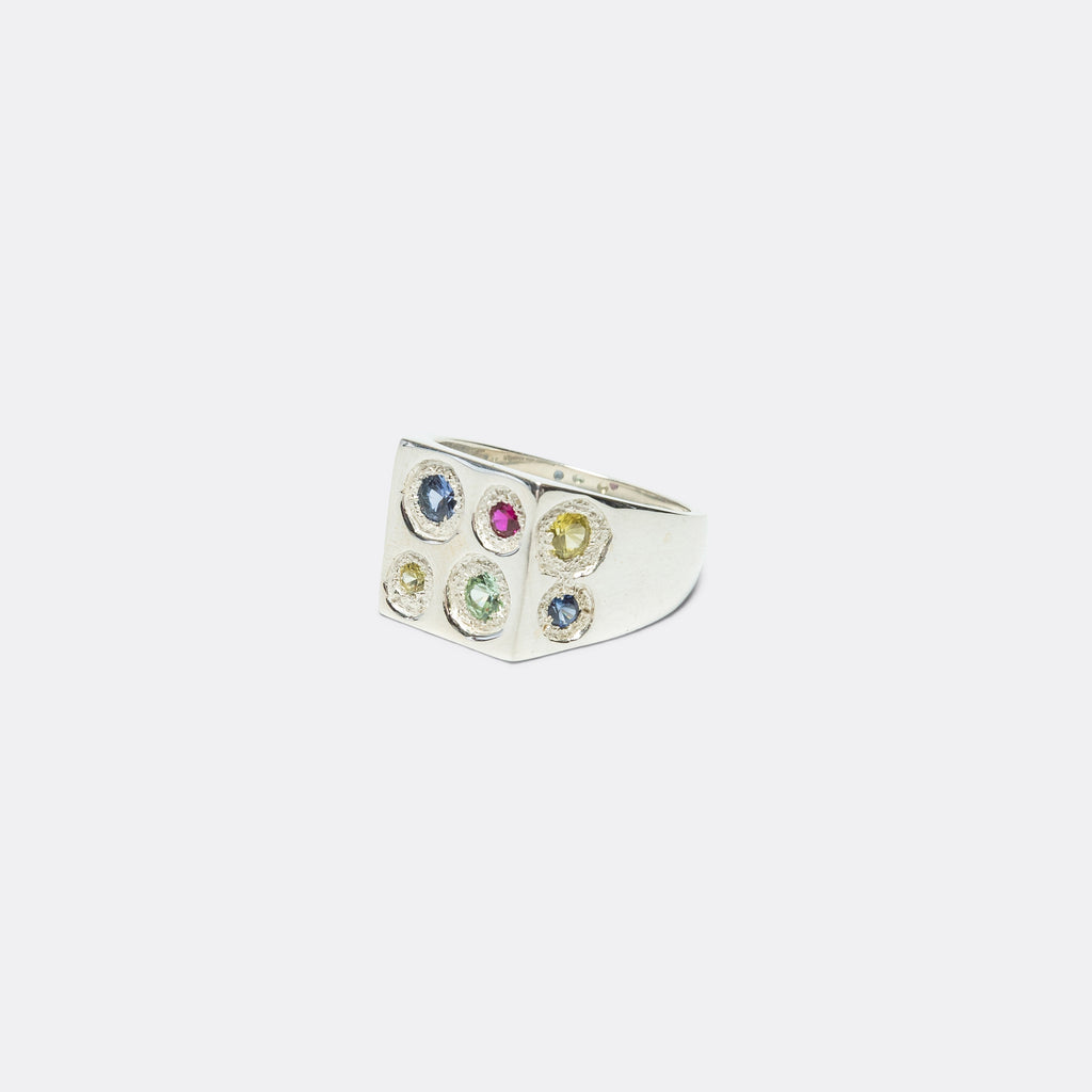Rectangle Chloroplast Signet Ring - Rainbow Sapphires/925 Silver