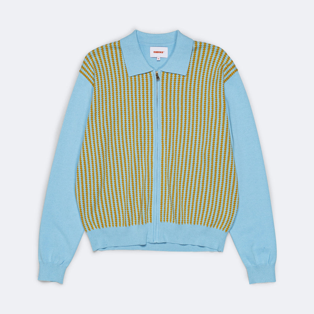 Zip-Through Polo Shirt - Sky Blue/Mustard