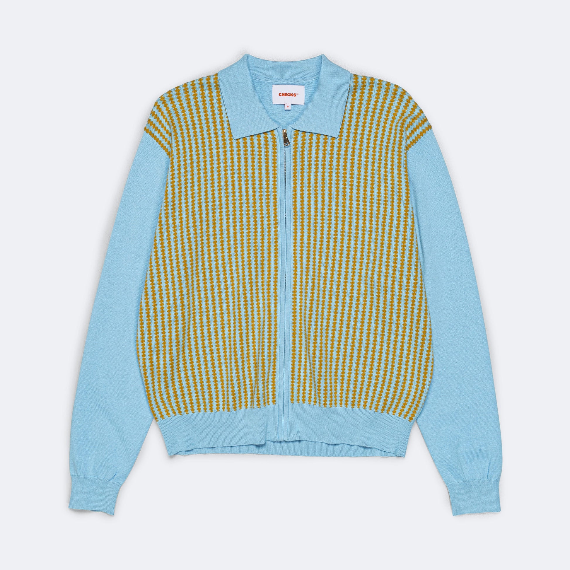 Zip-Through Polo Shirt - Sky Blue/Mustard